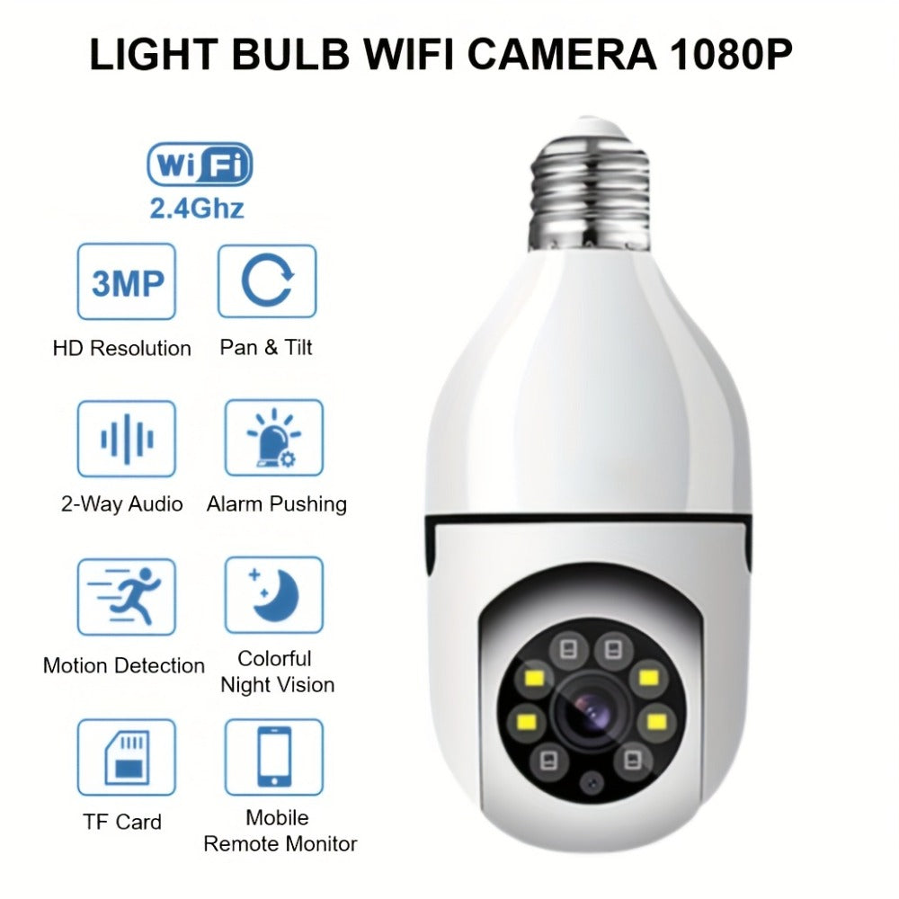 E27 Bulb Camera 360° Pan & Tilt 3MP 1080P, Full-Color Night Vision, Two-Way Audio, Motion Detection, WiFi App Control, Cloud & TF Card Storage – Indoor Home Security Light Bulb Camera