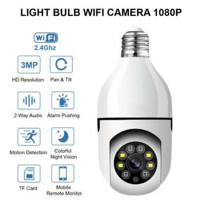 E27 Bulb Camera 360° Pan & Tilt 3MP 1080P, Full-Color Night Vision, Two-Way Audio, Motion Detection, WiFi App Control, Cloud & TF Card Storage – Indoor Home Security Light Bulb Camera