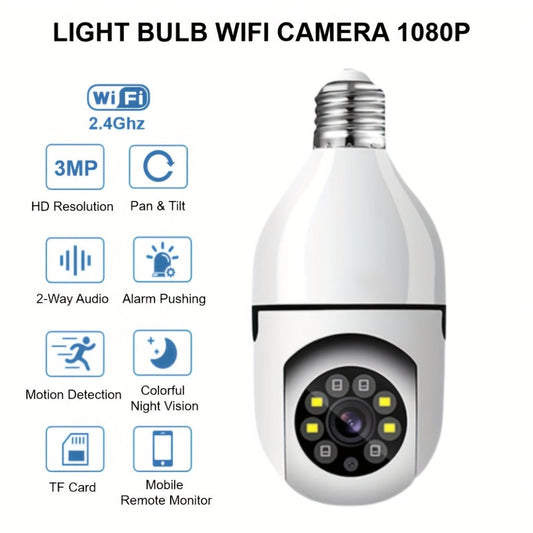 E27 Bulb Camera 360° Pan & Tilt 3MP 1080P, Full-Color Night Vision, Two-Way Audio, Motion Detection, WiFi App Control, Cloud & TF Card Storage – Indoor Home Security Light Bulb Camera