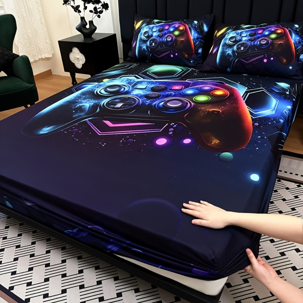 3-Piece Gamepad Bedding Set with Fitted Sheet and 2 Pillowcases, Twin to King Sizes, No Filling