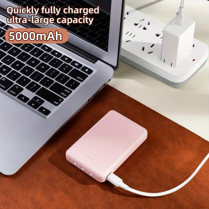 Slim Power Bank 5000mAh / 10000mAh with Built-in USB-C Cable, Charges 4 Devices Simultaneously, LED Indicator – Ultra-Compact Portable Charger for iPhone, Android, Travel, Everyday Carry