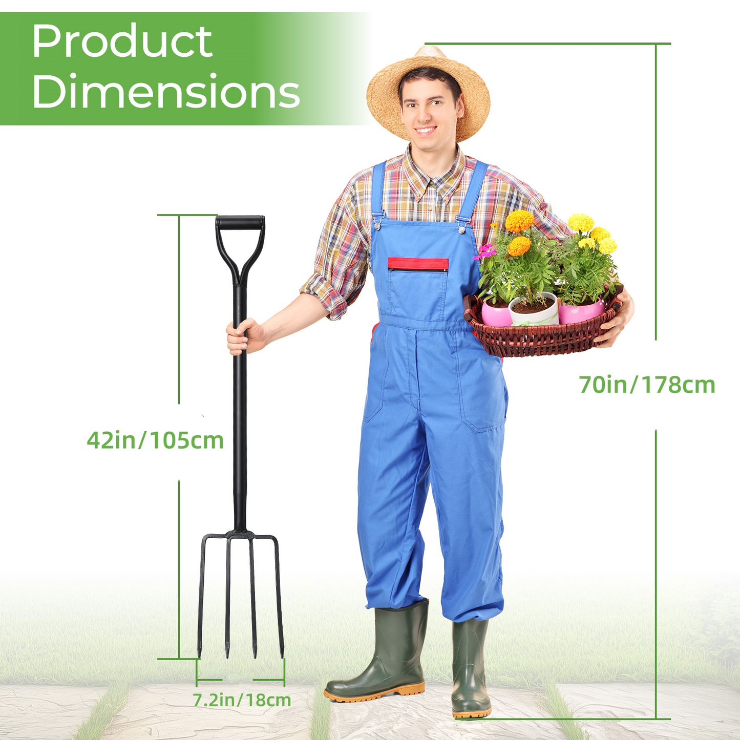 Four-Tine Garden Spading Fork with 42-Inch Shaft, D-Shaped Grip and Black Metal Construction