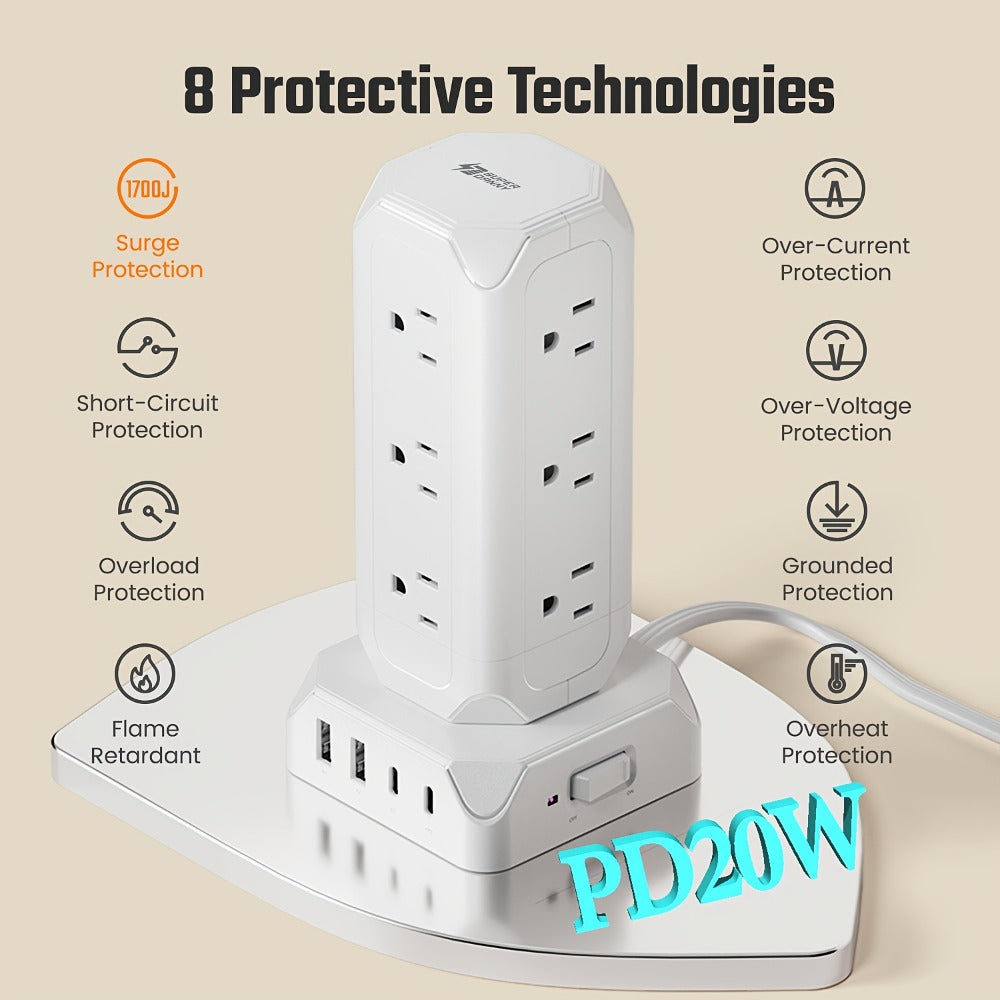 Power Strip Tower 16-in-1 Surge Protector 12 AC Outlets 4 USB Ports USB-C PD20W 1800J Protection Desktop Charging Station 10ft or 15ft Extension Cord for Office School Dorm White