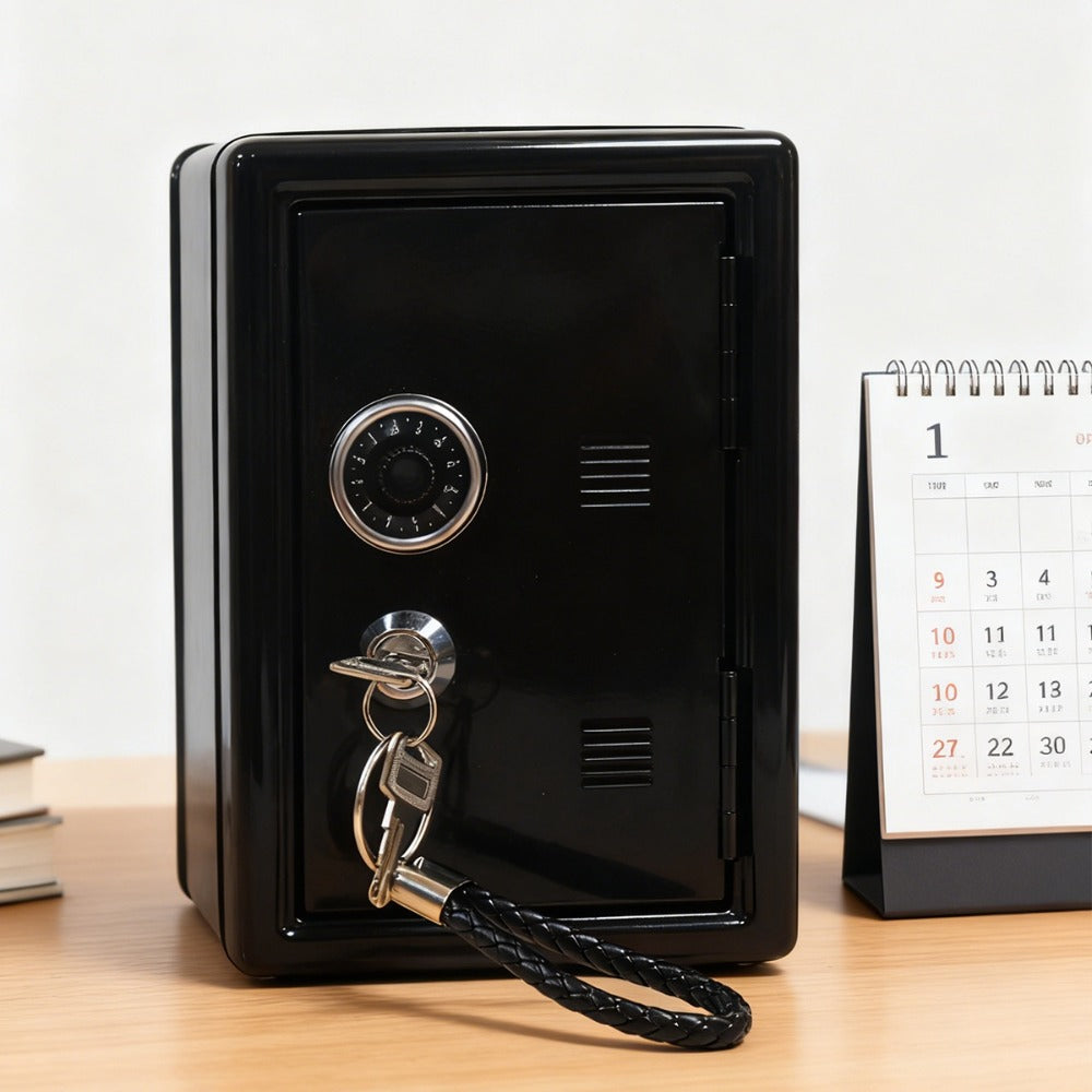 Mini Metal Coin Bank with Combination Dial, Key Lock, Removable Drawer and Three Color Options