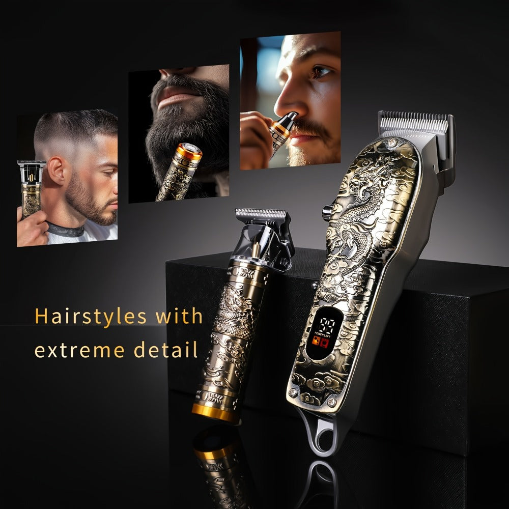 Dragon-Engraved Four-Tool Grooming Kit with Hair Clipper, Detail Trimmer, Nose Trimmer and Rotary Shaver