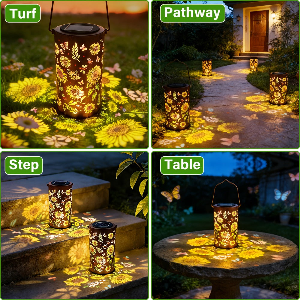 Solar Garden Lights IP65 Pattern Lantern with Hummingbird, Sunflower or Butterfly Designs for Yard Decor