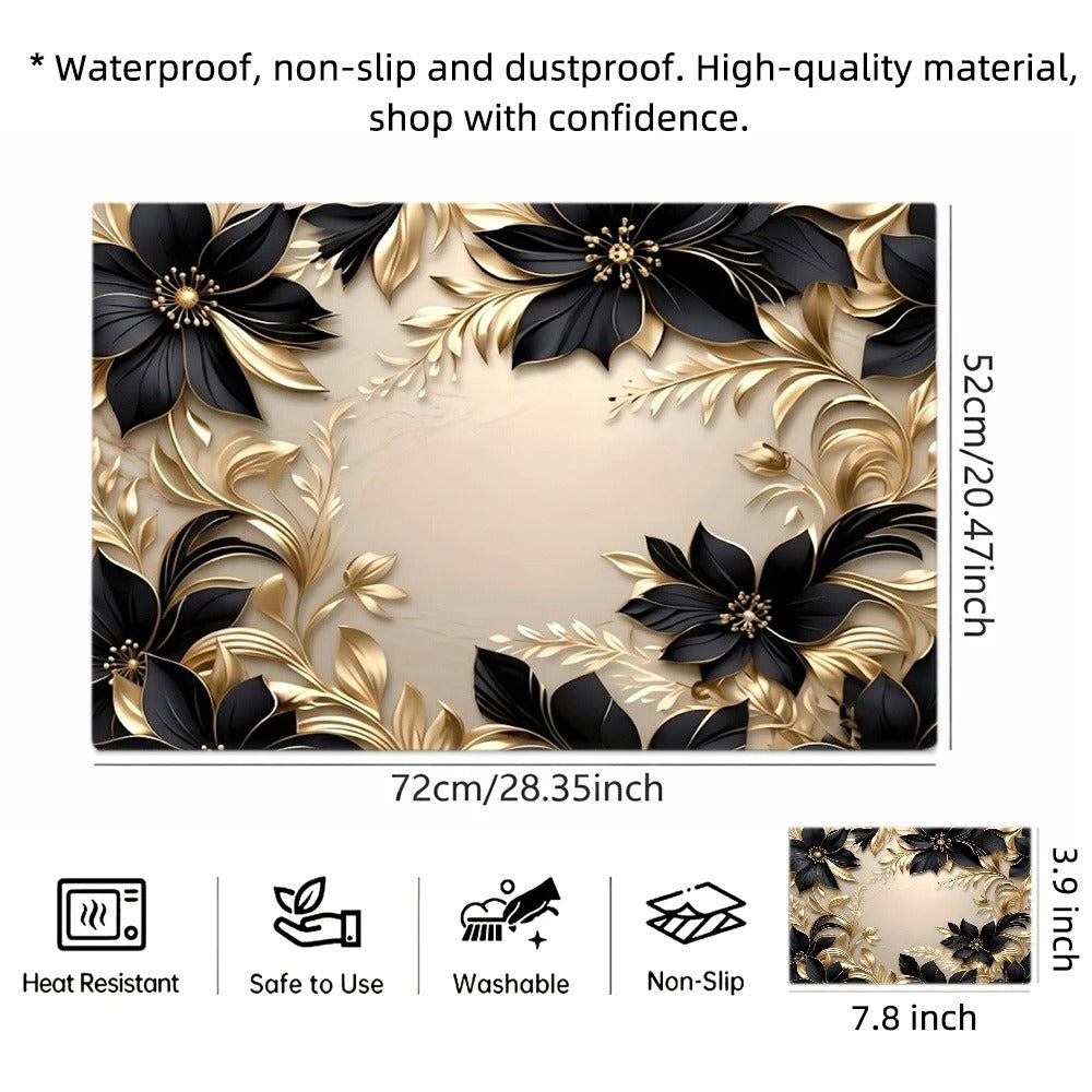 Black and Gold Floral Stove Protector Mat, 28.35 x 20.47 Inches with Beige Decorative Background