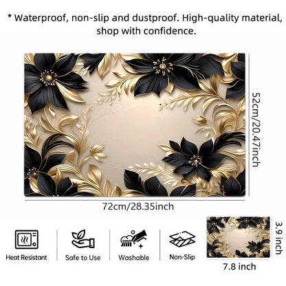 Black and Gold Floral Stove Protector Mat, 28.35 x 20.47 Inches with Beige Decorative Background