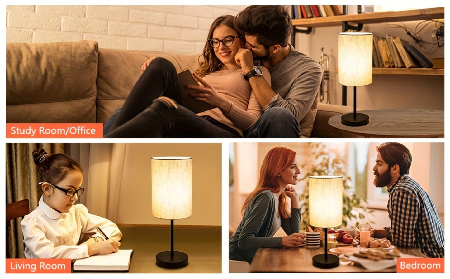 Table Lamp Set of Two with Linen Drum Shades, Cord Switches, 5W 3000K LED Bulbs and Two Color Options