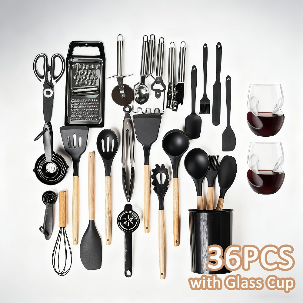 35- or 36-Piece Silicone Kitchen Utensil Set with Holder in Black, Pink or Red, with Optional Glass Cup