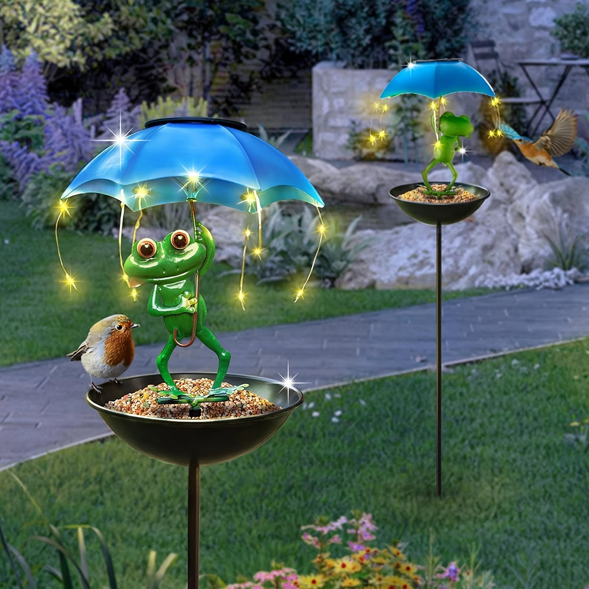 Solar Frog Statue Garden Light with Bird Feeder & LED String Decor, for Garden, Pathway and Patio Lighting
