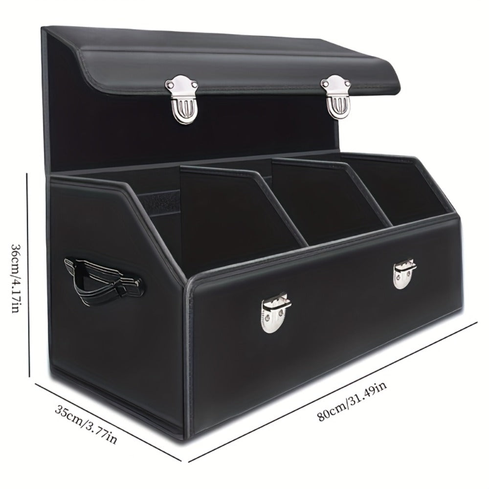 PU Leather Car Organizer Box Foldable Multi-Compartment – Large Capacity Storage for SUV, Truck, Camper & Car Interior, Durable Auto Cargo Organizer with Dividers