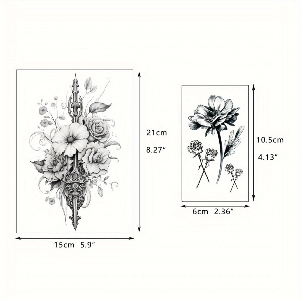 Floral Temporary Tattoos for Women 44-Pack | Realistic Butterfly Snake Half Arm Body Art Stickers | Large & Small Sheets Waterproof Long-Lasting Fake Tattoo | Black Flower Design Set for Adults Teens