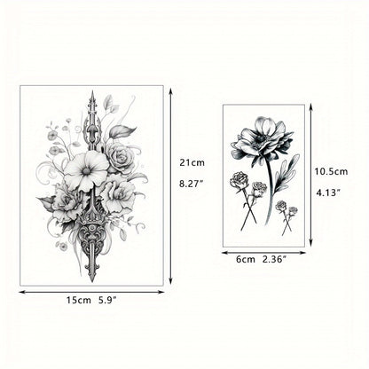 Floral Temporary Tattoos for Women 44-Pack | Realistic Butterfly Snake Half Arm Body Art Stickers | Large & Small Sheets Waterproof Long-Lasting Fake Tattoo | Black Flower Design Set for Adults Teens