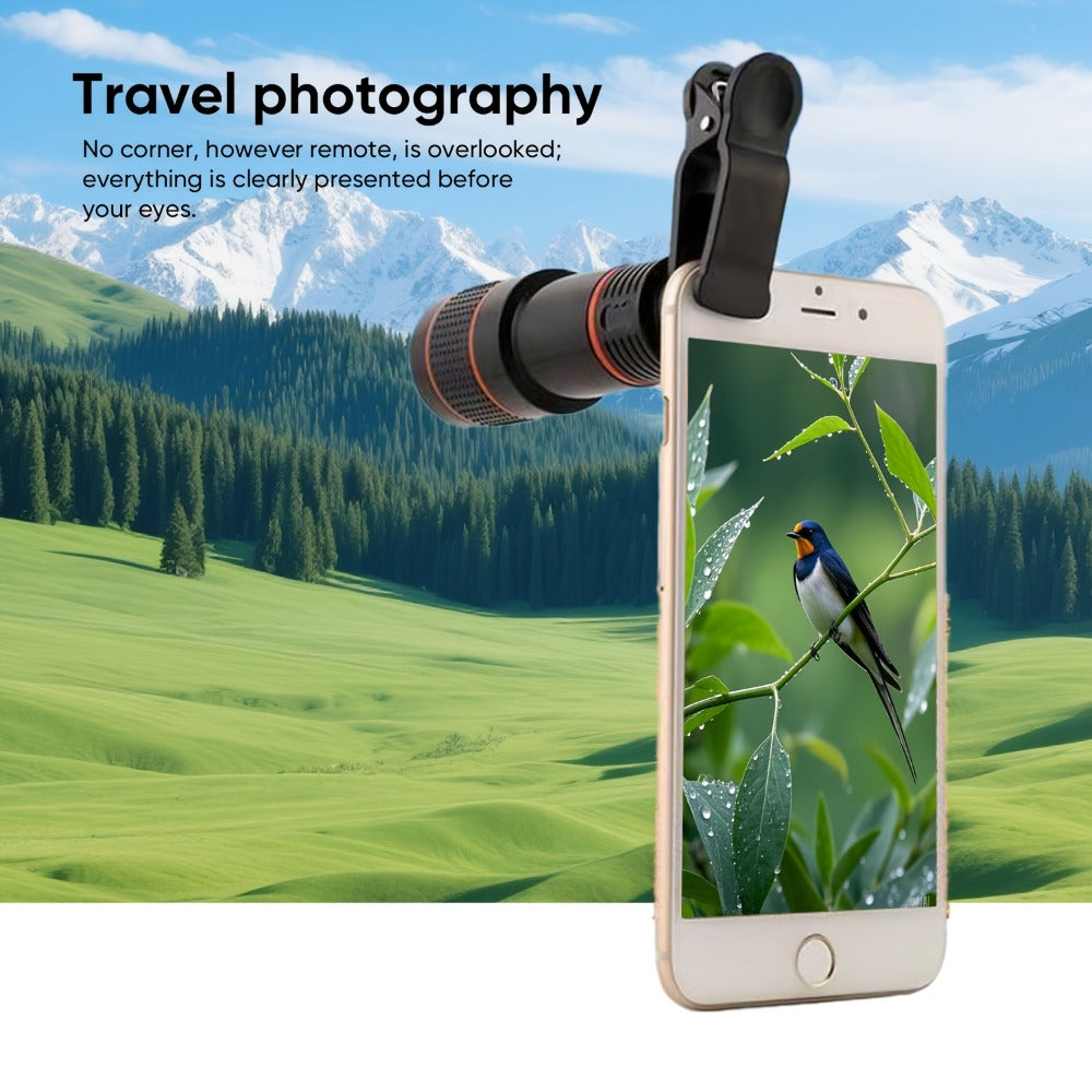 Twelve-Times Clip-On Telephoto Lens for Smartphones with Adjustable Focus and Pictured 3.2 cm Body Width