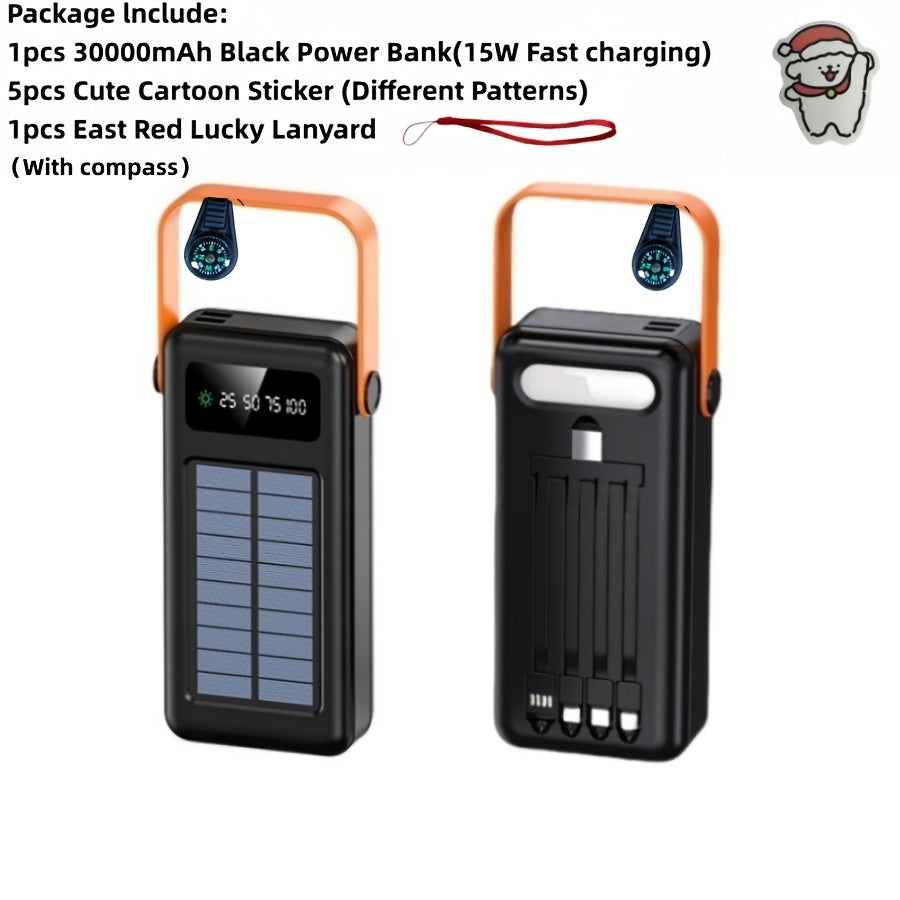 Solar Power Bank, 10000mAh to 30000mAh Charger with Built-In Cables, LED Light, Digital Display and 5W or 15W Options