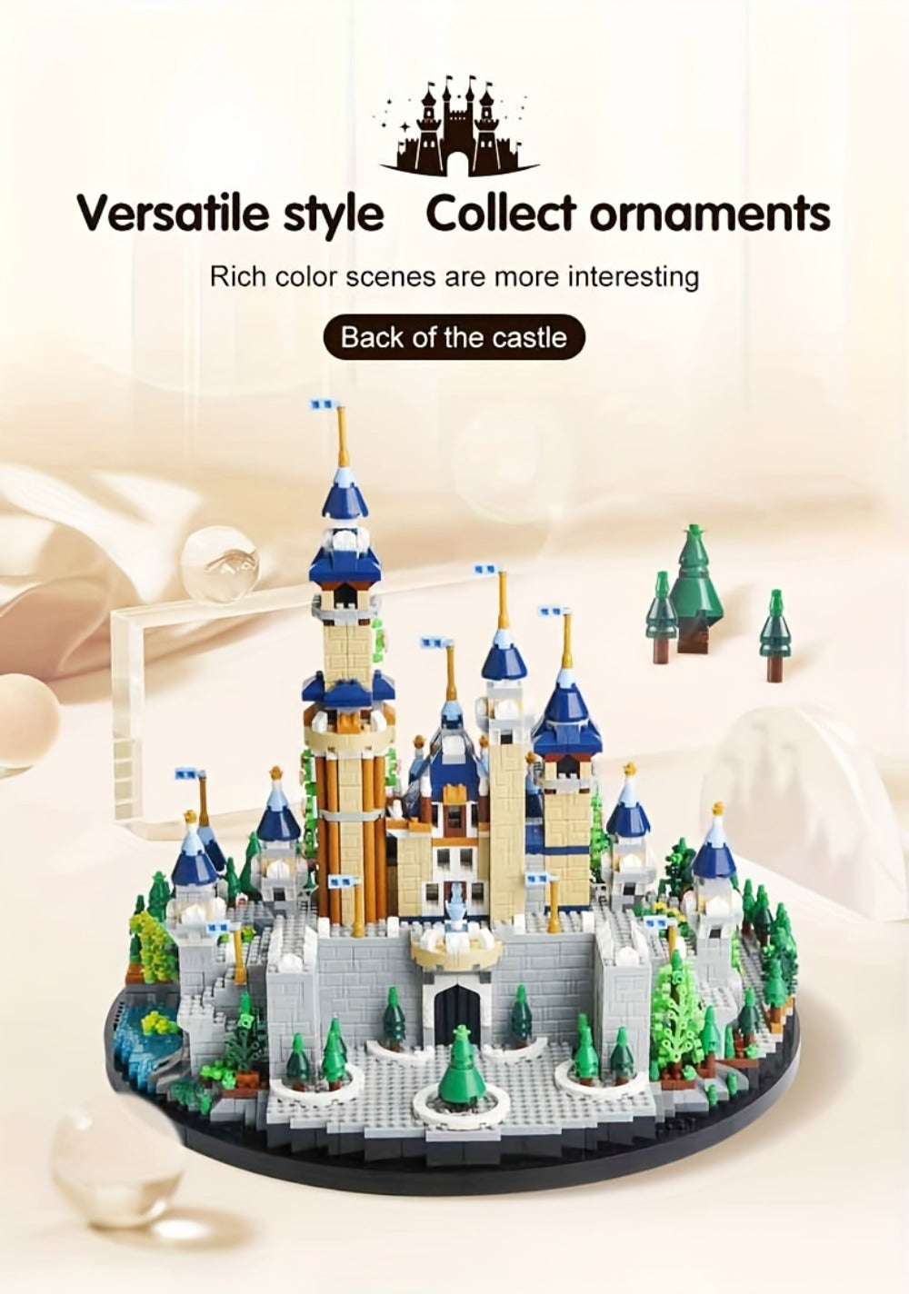 Fairytale Princess Castle Micro Building Block Set with 3,600 Pieces, 26 cm Display Base for Ages 14+