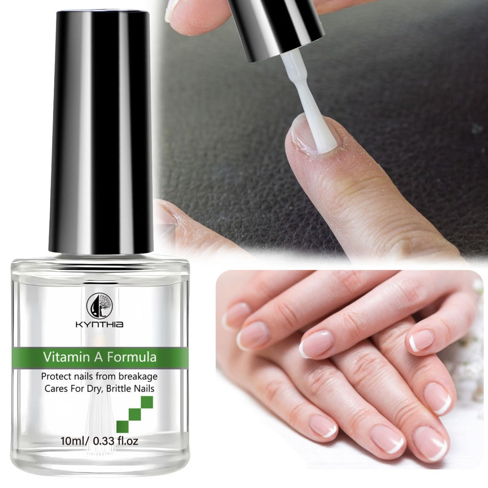 Clear 10 ml Nail Care Bottle with Black Cap, Green Vitamin A Label and Attached Brush Applicator