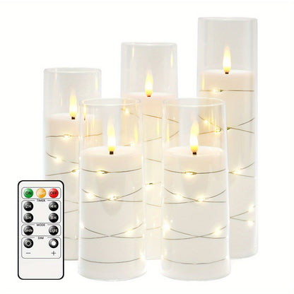 Flameless LED Candles with Remote Control Timer and Star String Lights Set of 5 or 7 Pillar Candles for Wedding Garden Home Decor Anniversary Gift Grey Ivory Gold Red