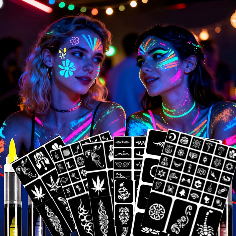 Face Body Paint Pen Set 8 Colors with 105 Tattoo Stencils – Glow in the Dark Neon UV Blacklight Face Paint Kit Easy Apply & Remove for Halloween Party Festival Cosplay Stage