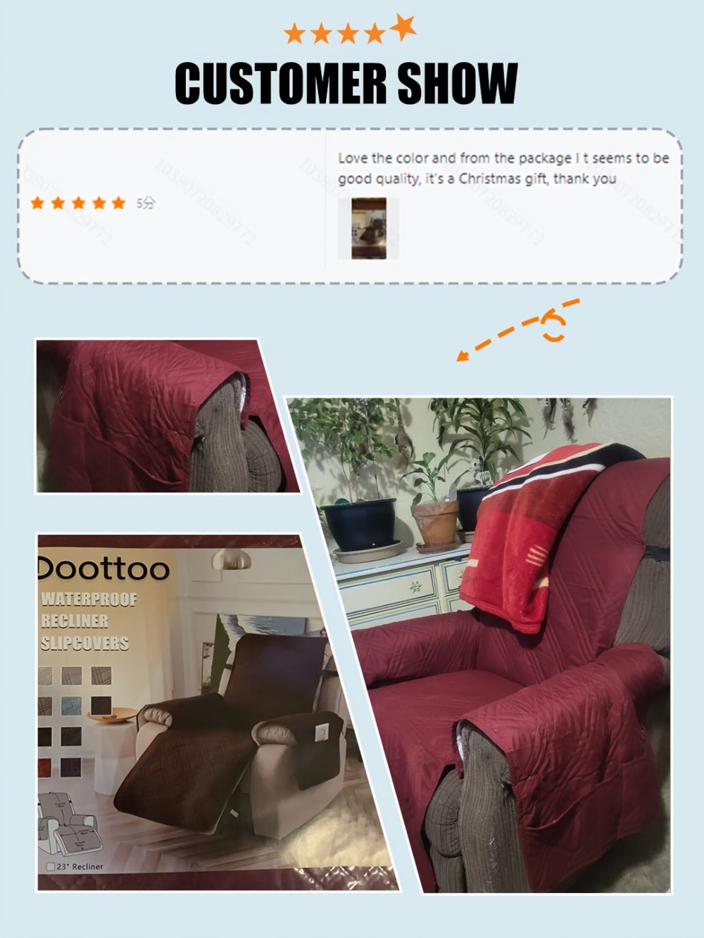 Chair Cover Quilted Recliner Throw with Side Pocket, Elastic Straps and Buckle in Ten Colors