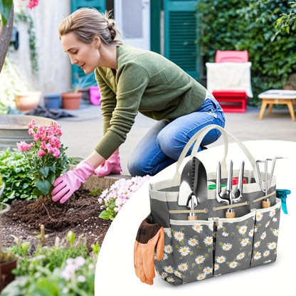 Multi-Pocket Garden Tool Organizer Tote with Daisy Pattern and Black or Gray Checkout Color Options