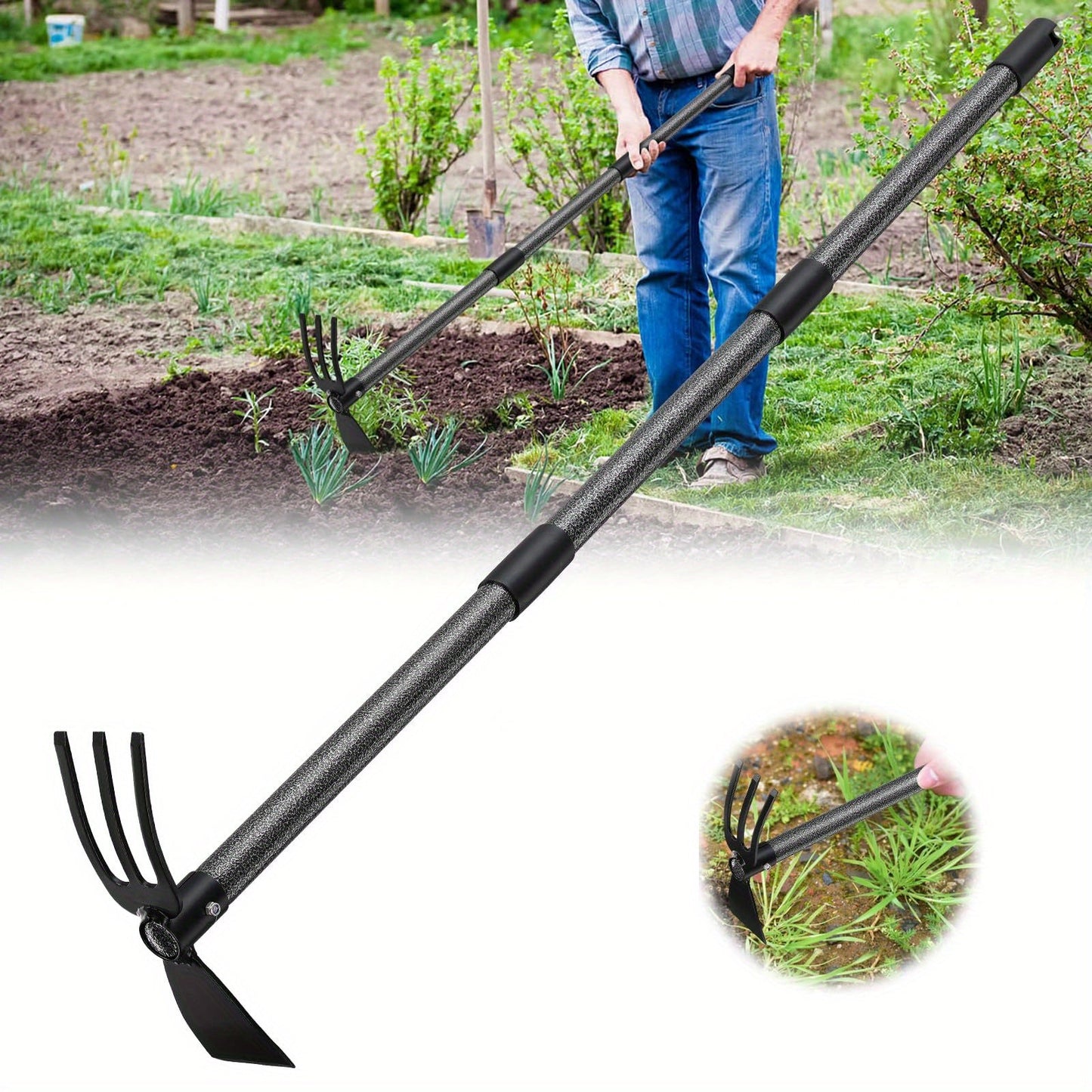 Garden Cultivator Hoe 2-in-1 60 Inch Long Handle Steel Tiller Blade & 3-Prong Cultivator Head for Weeding Tilling Loosening Soil Planting Lightweight