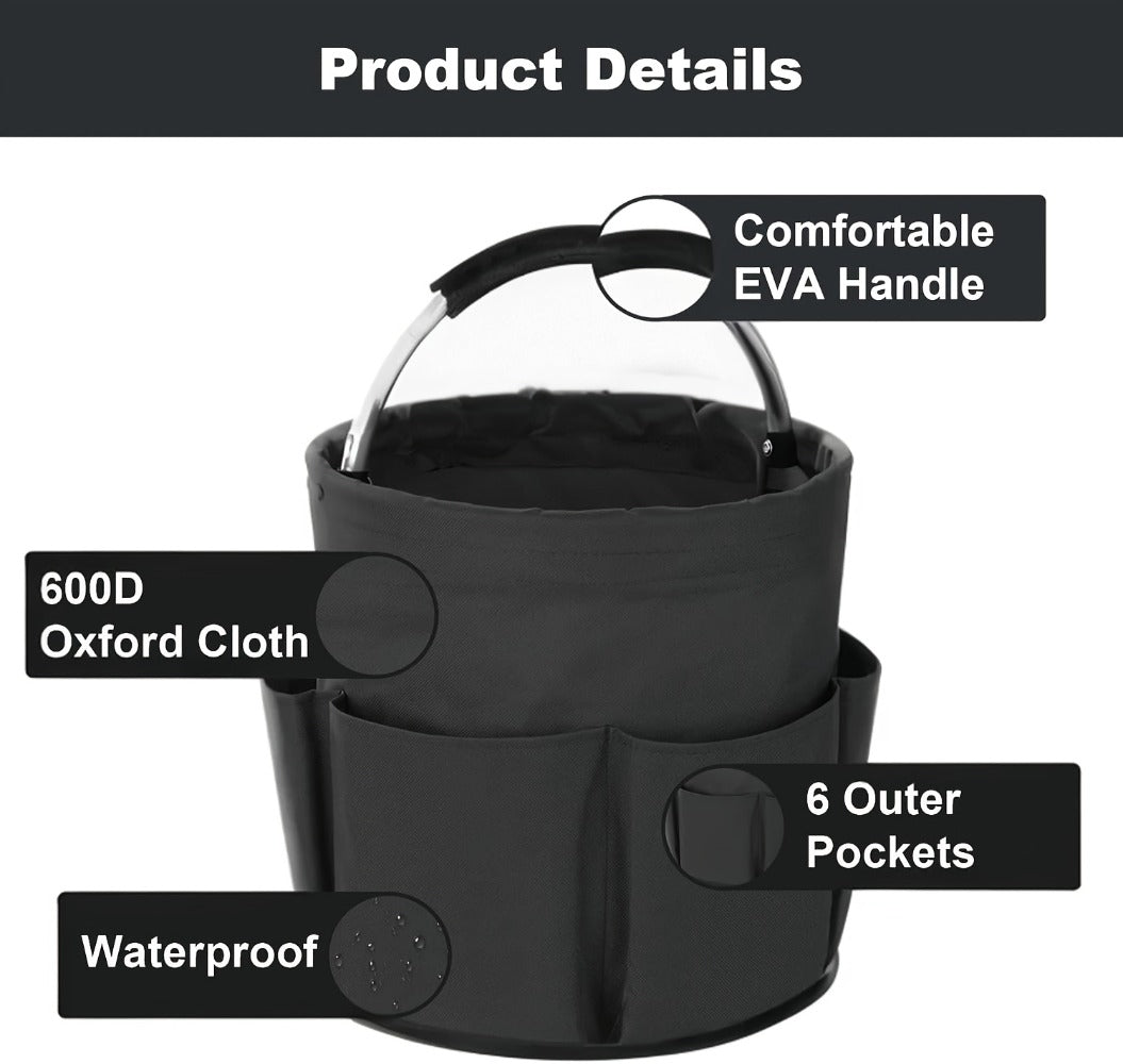 Foldable Cleaning Caddy Organizer 17L with Handle – Portable Collapsible Bucket Bag with 6 Pockets for Cleaning Supplies, Toiletries & Garden Tools, Multi-Purpose Home Travel Basket