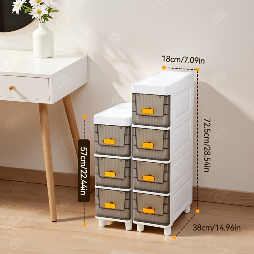 Storage Cabinet Slim PP Drawer Tower with Wheels, Pull-Out Bins and Three, Four or Five Layers