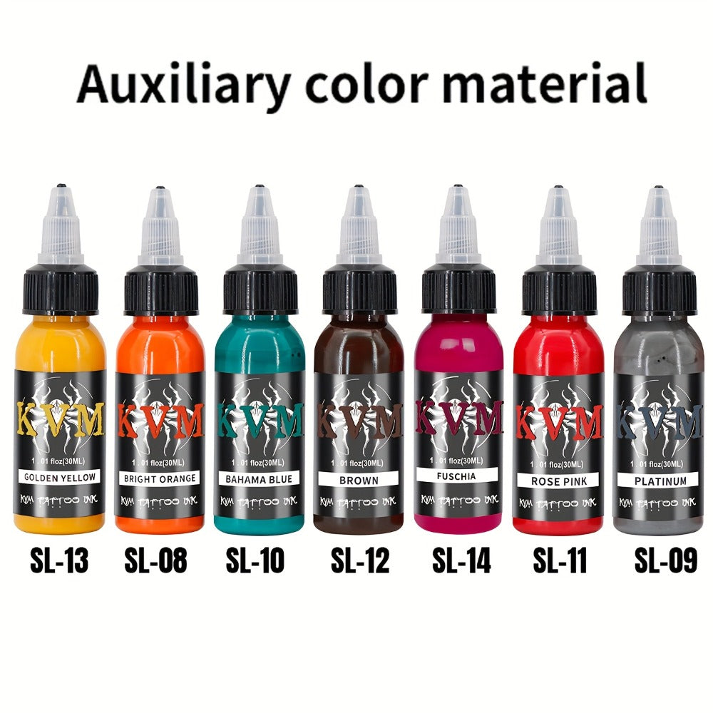 1oz Tattoo Ink Set 7 & 14 Colors Professional - 30ml Stable Vibrant Pigment Bottles, Fade-Resistant Permanent Ink for Rotary Coil & Pen Tattoo Machine, Complete Color Kit for Artists & Beginners