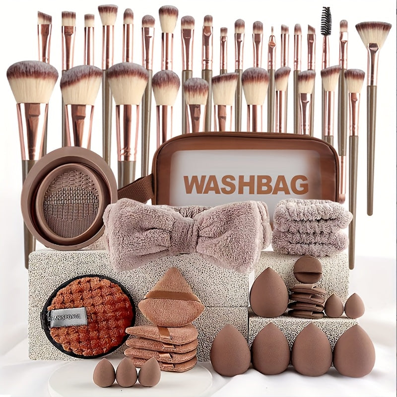 Makeup Brush Set, 56-Piece Polyester Bristle Collection with Wood Handles in Beige, Pink or Brown Color Options