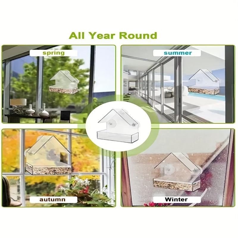 Clear Window-Mount Bird Feeder with Suction Cups, Roofed Seed Tray and Transparent Single Checkout