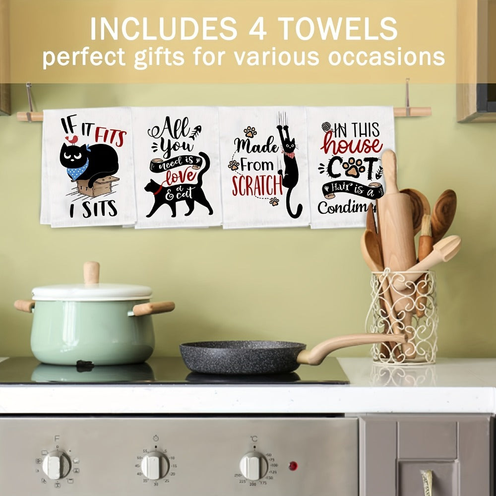Four-Piece Cat Print Kitchen Towel Set, 16 x 24 Inches Each with Four Black-and-White Illustrated Sayings