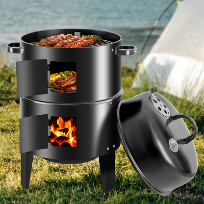 Charcoal Smoker Grill 16 Inch Vertical 3-Tier with Easy Temperature Control, Portable Outdoor Smoker for Simultaneous Smoking Grilling Cooking, Backyard Camping BBQ