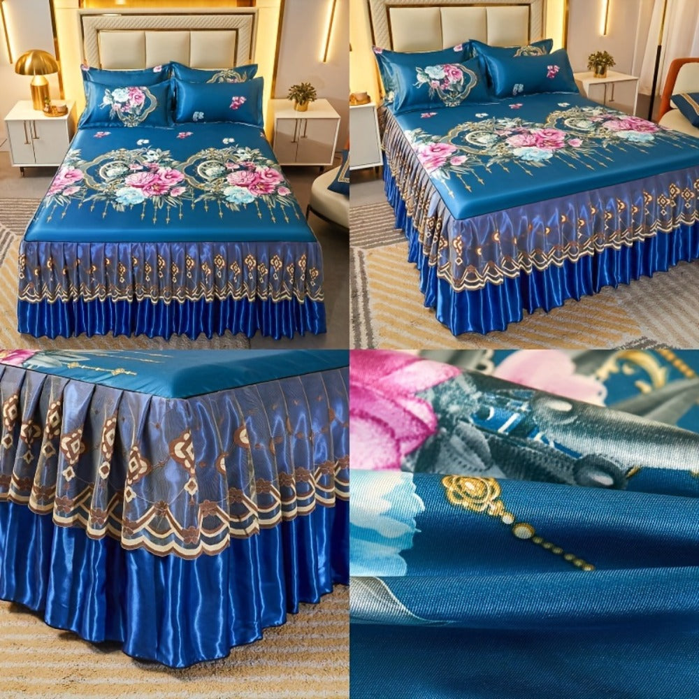 Ruffled Floral Bedspread Mat Set with Two Pillowcases, Twin to King Sizes and Four Pattern Choices