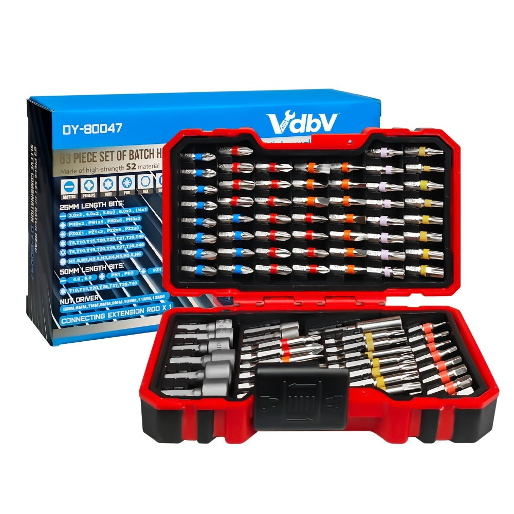 83-Piece YW080 Driver Drill Bit Set with S2-Labeled Bits, Nut Drivers, Holders and Storage Case
