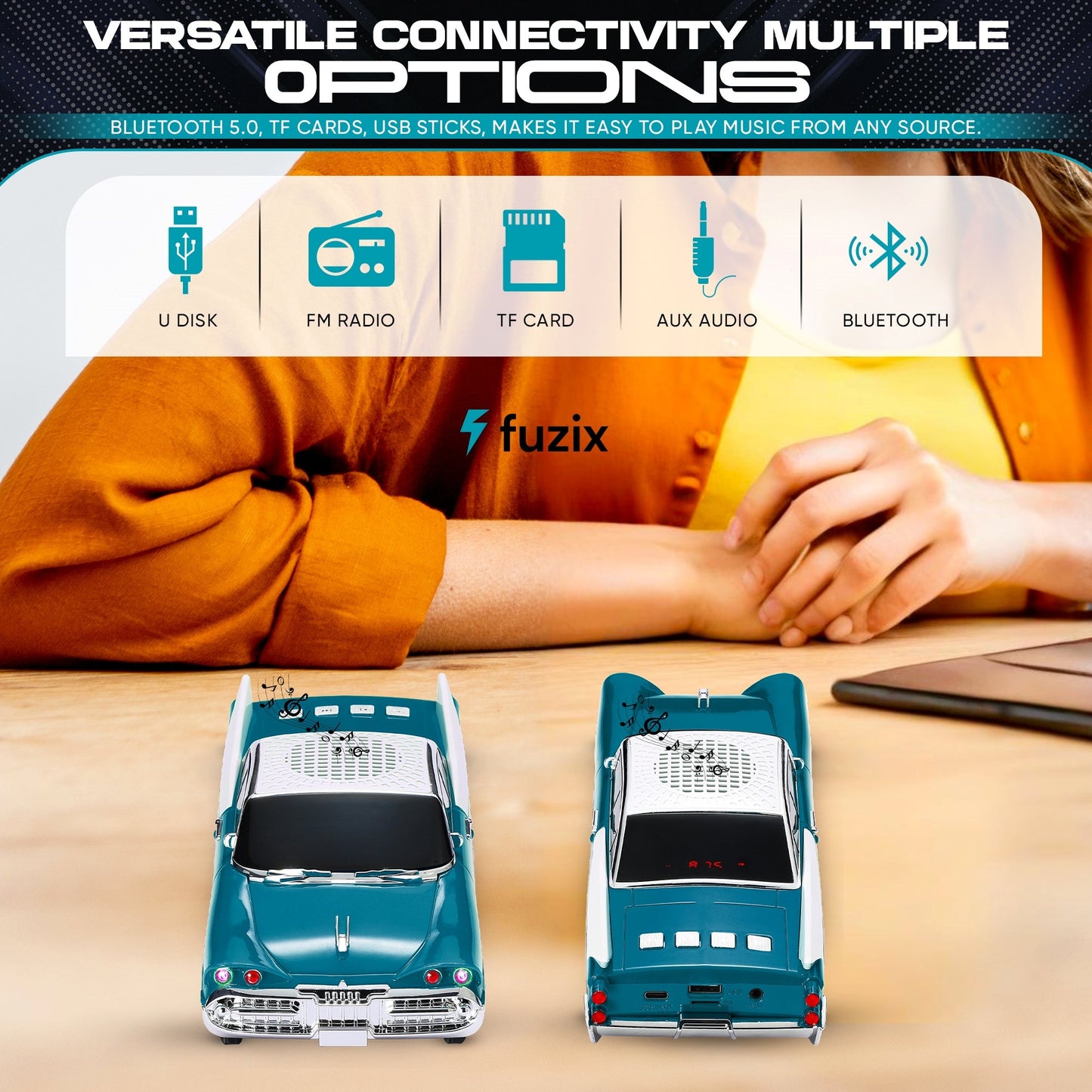Portable Bluetooth Speaker Fuzix WS-1965 Retro Car with LED Lights, Mic, FM, AUX, USB and TF