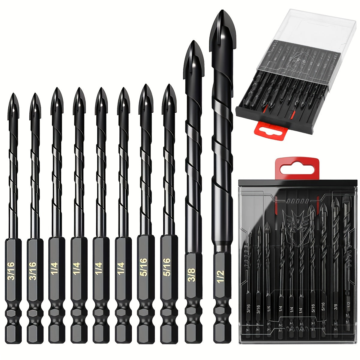 Masonry Drill Bits Set 10pcs – Tungsten Carbide Tip Drill Bits for Tile, Brick, Glass, Ceramic, Concrete, Plastic & Wood | Multi-Material Heavy-Duty Drill Bit Kit for Home Improvement & DIY Projects