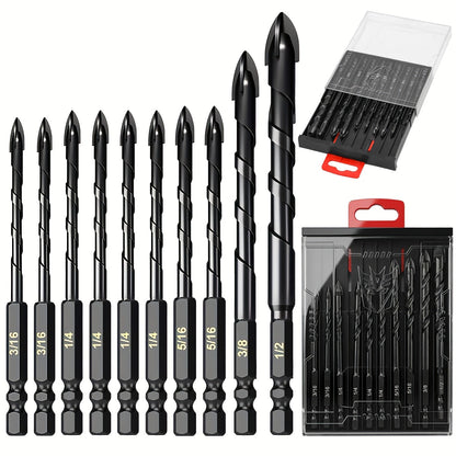 Masonry Drill Bits Set 10pcs – Tungsten Carbide Tip Drill Bits for Tile, Brick, Glass, Ceramic, Concrete, Plastic & Wood | Multi-Material Heavy-Duty Drill Bit Kit for Home Improvement & DIY Projects