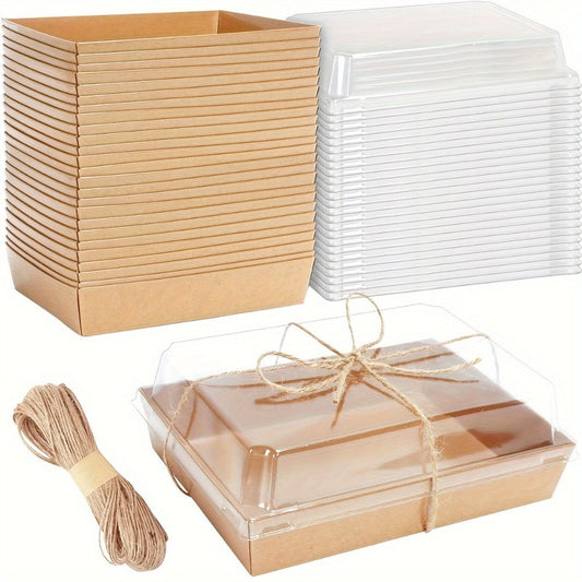 Kraft Paper Food Boxes with Clear Lid 50pcs Brown Bakery Box with String for Dessert Sandwich Cake Cookie Wedding Birthday Party Picnic Favor Packaging