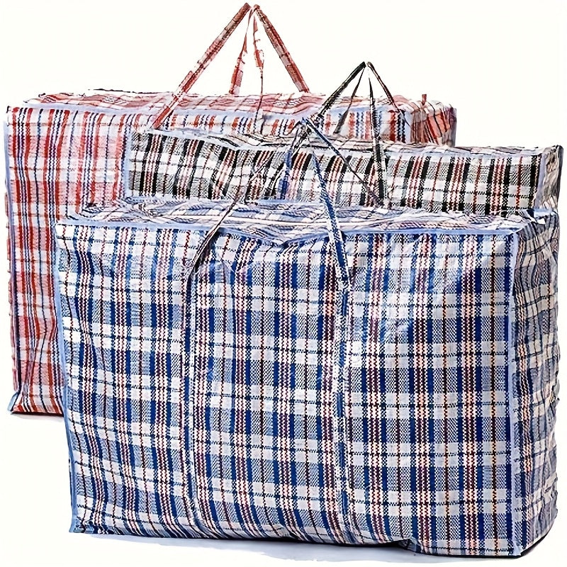 Storage Bag Set, 3-Piece Checkered Fabric Moving Organizers with Zipper Closures, Carry Handles and Foldable Design