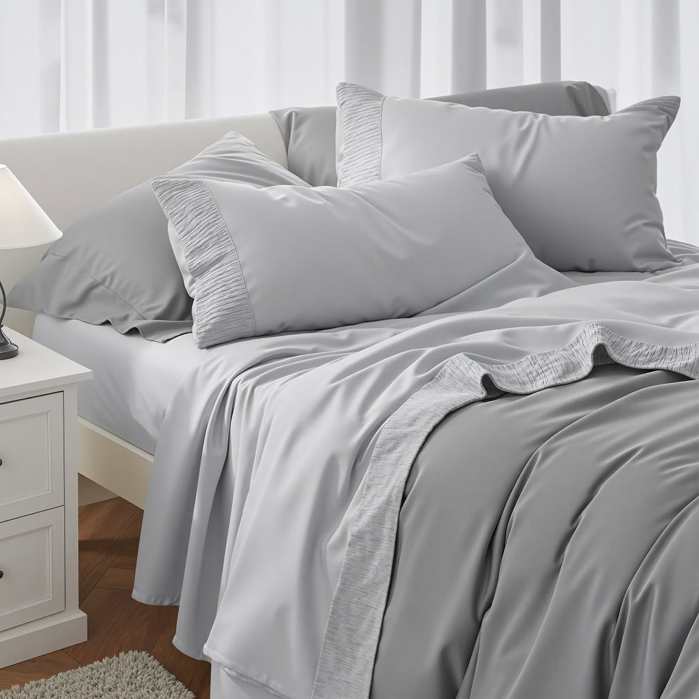 Sheet Set, Four-Piece Solid-Color Bedding with Deep-Pocket Fitted Sheet, Flat Sheet and Two Pillowcases