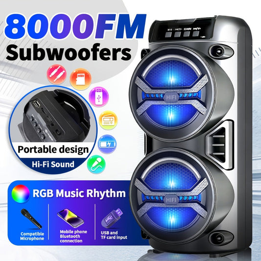 Portable Outdoor Subwoofer Bluetooth Speaker with Dual Bass Drivers, Deep Bass Stereo, TWS Pairing, USB AUX TF FM Playback, Rechargeable Battery, High-Volume Party Speaker for Indoor Outdoor Dance
