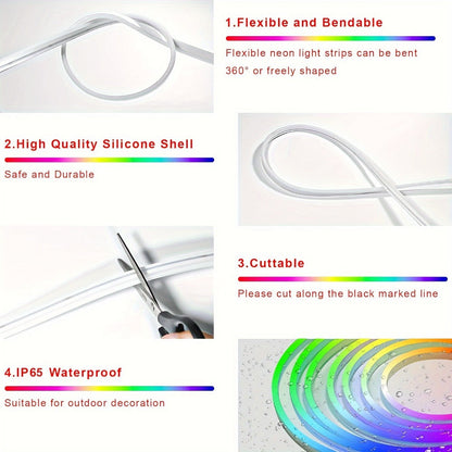 RGBIC LED Strip Lights Music Sync App & Remote Control - IP65 Waterproof Cuttable Flexible Neon Rope Light Color Chasing for Bedroom Gaming Room TV Backlight Outdoor Courtyard Christmas Halloween Decoration 2m 3m 5m
