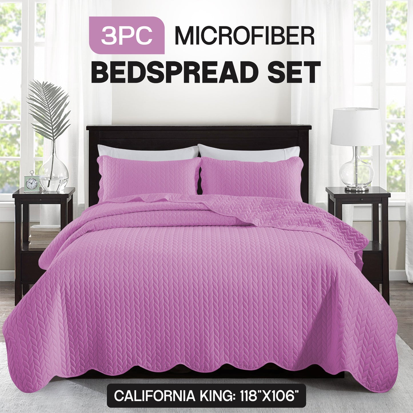 Chevron-Texture Three-Piece Bedspread Set in 16 Colors with Twin, Queen-Full, King and California King Sizes