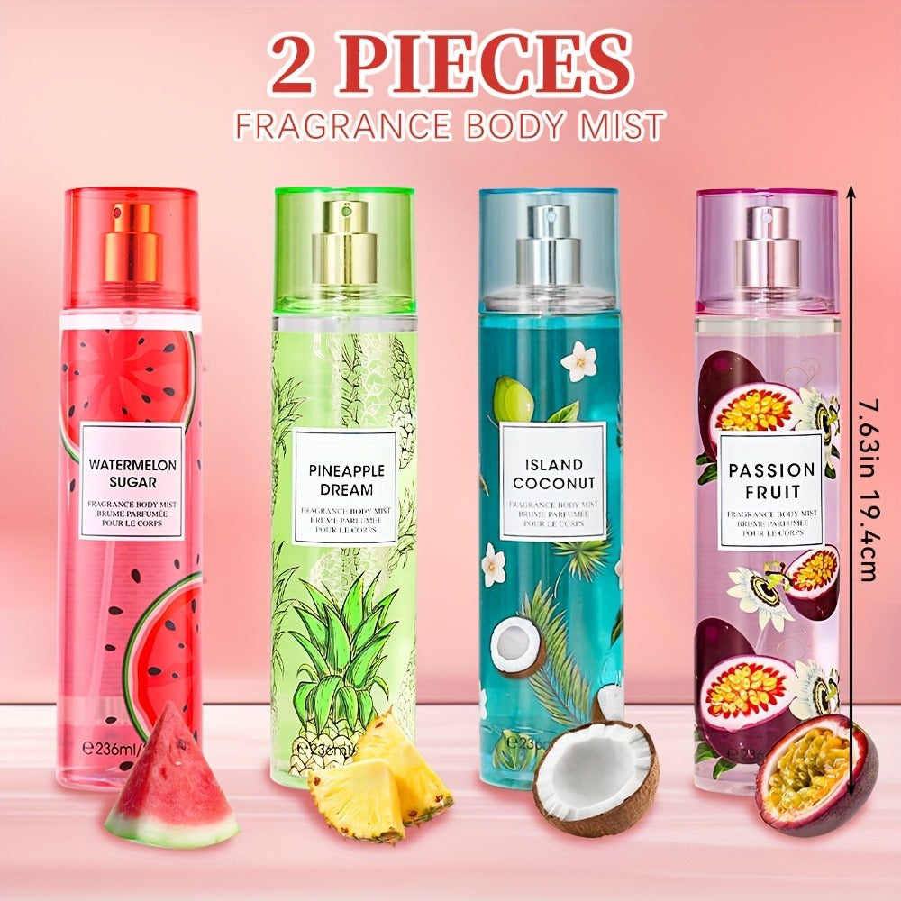 Body & Hair Fragrance Mist for Women 2pcs Set L1ong Lasting Fruity Perfume Spray 8 fl oz Pineapple Coconut Peach Strawberry Watermelon Scents Daily Dating Party Gift