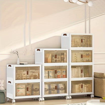 Stackable Storage Cabinet with Doors and Wheels | Collapsible Plastic Locker 1-5 Layers Large Capacity Home Organization for Bedroom Living Room Kitchen Easy Assembly Space Saving