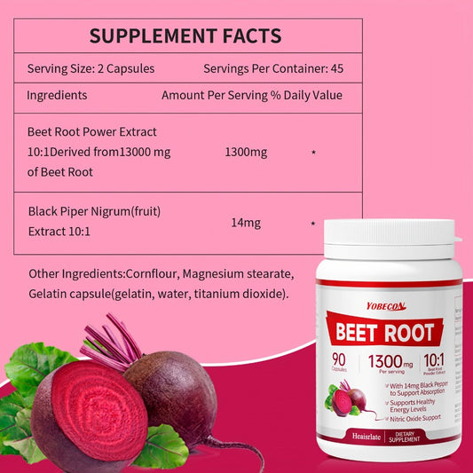 Beet Root Capsules 1300mg High Strength Vegetarian - Natural Nitric Oxide, Blood Flow, Circulation & Energy Support - Plant-Based Antioxidant Supplement for Men & Women - 90 Capsules 3-Month Supply