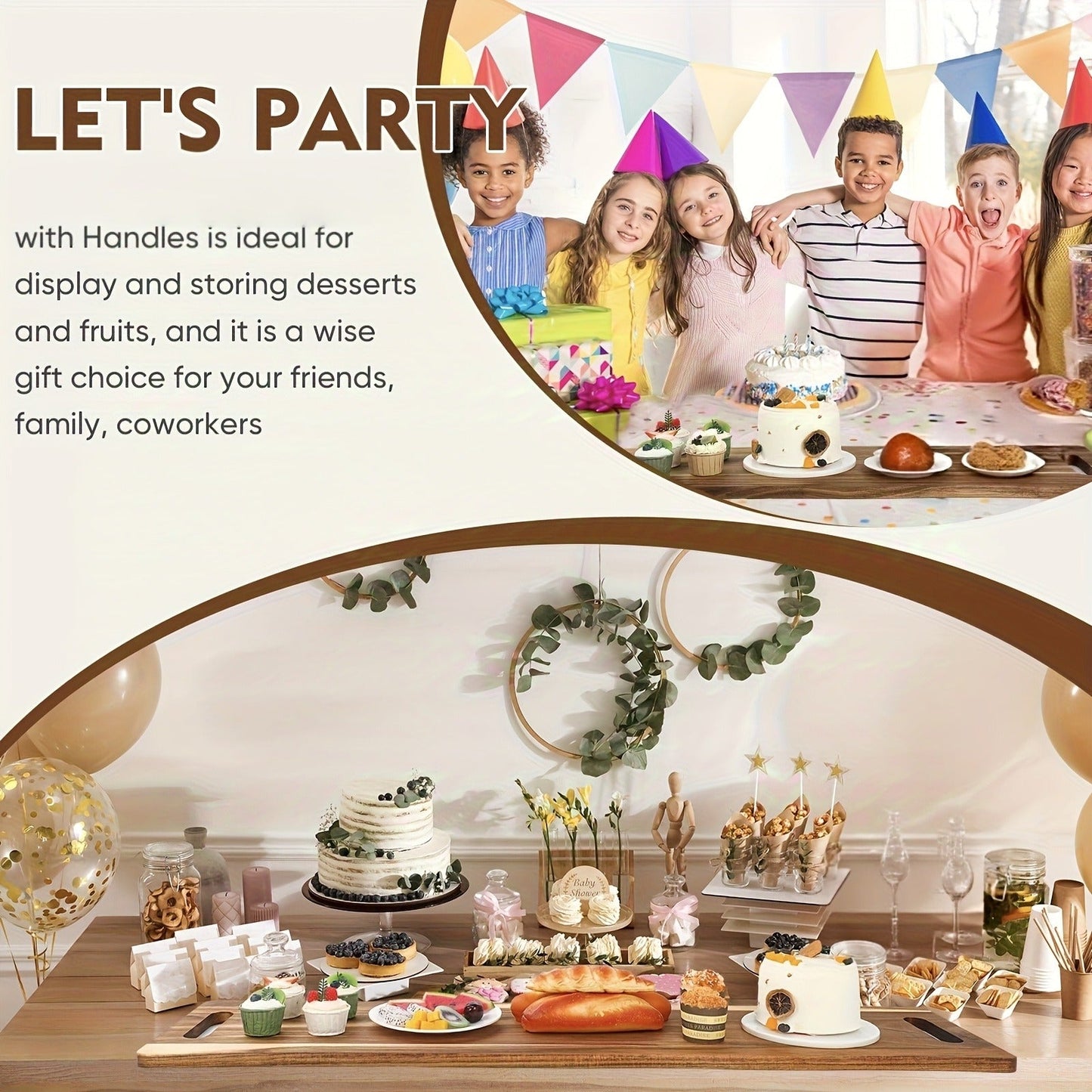 Extra-Long 36 x 11-Inch Wood-Color Charcuterie Board with Recessed Handles and Two Display Stands