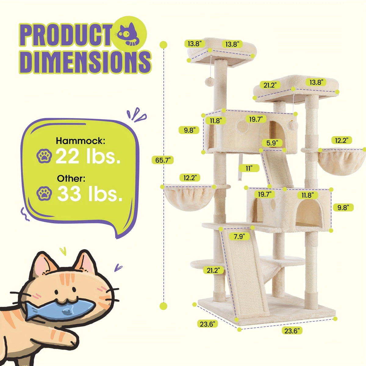 Multi-Level Cat Tree in 36-, 65-, 68- or 81-Inch Heights with Perches, Condo, Hammock and 30 Color, Pattern or Layout Options